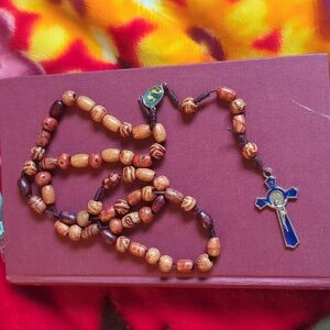 Vintage Wooden Bead Rosary Necklace with Blue Cross